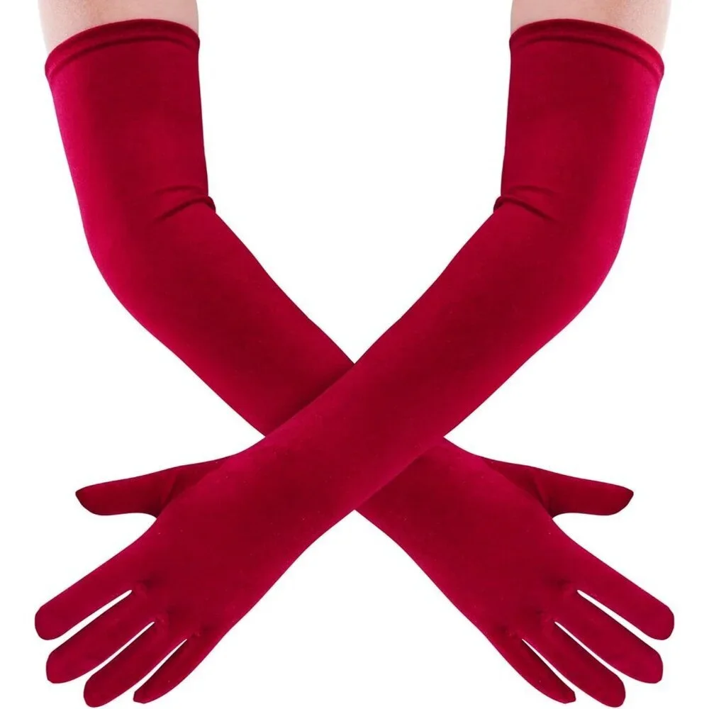 Women's Wine Red Velvet Long Gloves Elbow Length Costume Flapper Evening Banquet